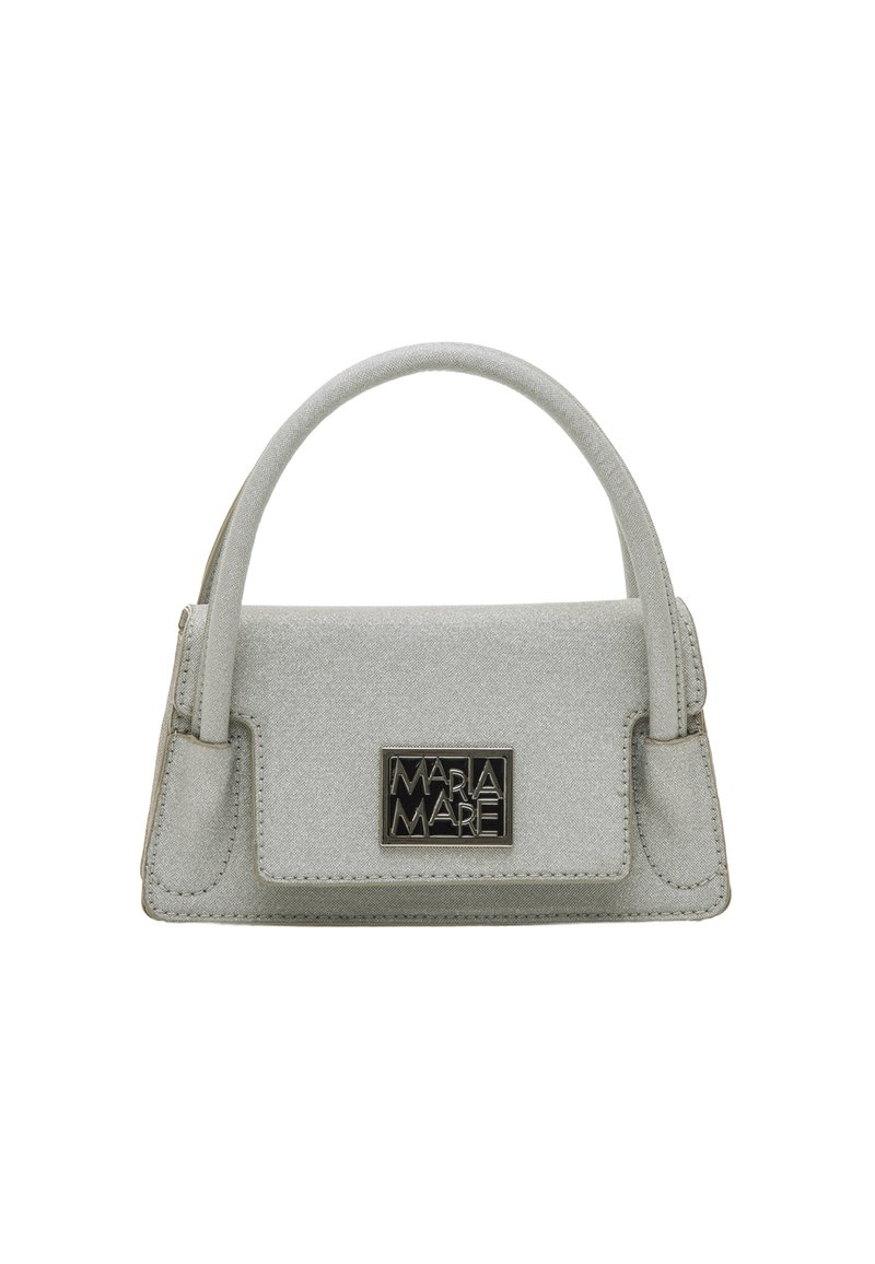 Borsa grigia strutturata con texture, dotata di manico superiore e di una placca logo metallica sul davanti. Design semplice ed elegante.