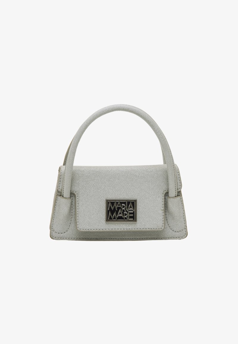 Borsa grigia strutturata con texture, dotata di manico superiore e di una placca logo metallica sul davanti. Design semplice ed elegante.