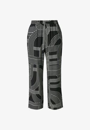 Sorte bukser med vide ben og hvide abstrakte buede og lige linjemønstre samt elastisk taljebånd.