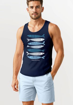 Navy tank top featuring a graphic of five stylized fish in varying shades of blue and white, with the text "respect the locals" below.