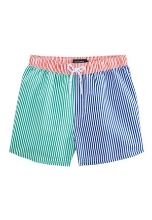 Shorts de bain rayés présentant des rayures verticales vertes et bleues, une taille élastique avec un bord corail, un cordon de serrage à l'avant et une poche latérale.