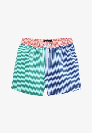 Shorts de bain rayés présentant des rayures verticales vertes et bleues, une taille élastique avec un bord corail, un cordon de serrage à l'avant et une poche latérale.