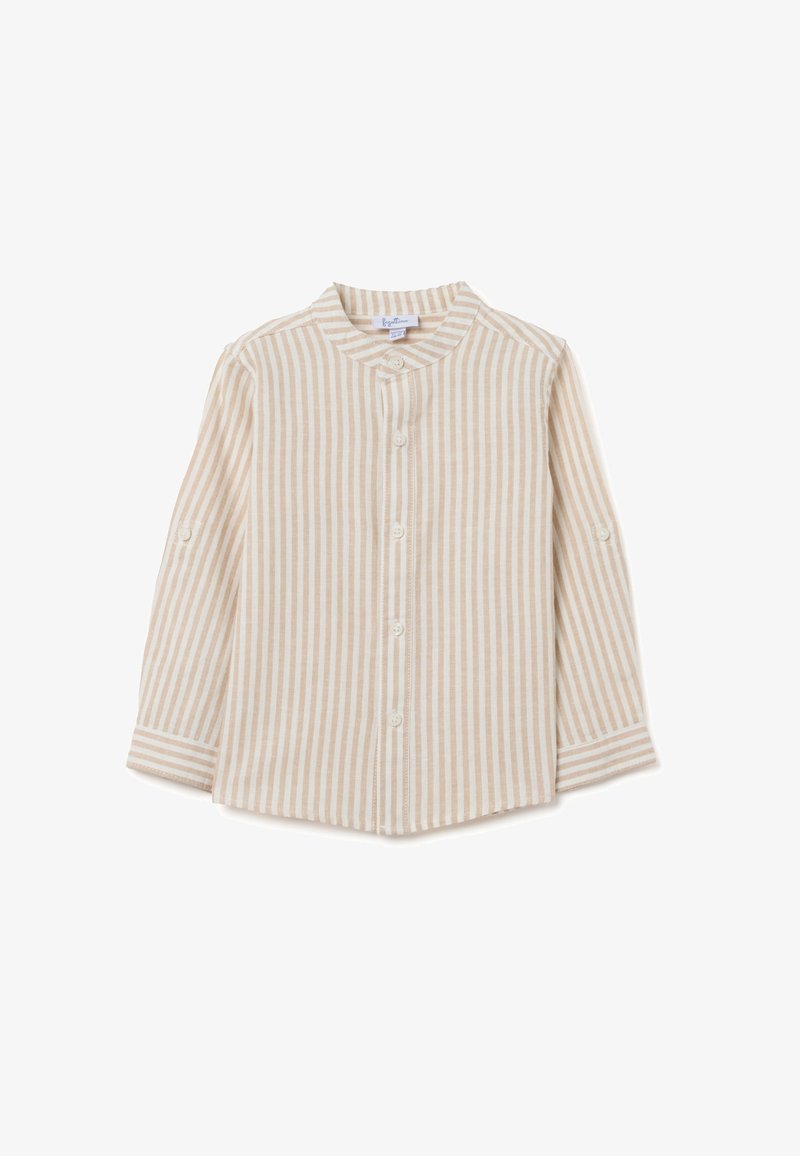 Chemise boutonnée à manches longues beige clair avec des rayures blanches verticales, col mandarin et détails boutonnés sur les manches. Fabriquée en tissu doux.