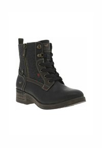 Bottines noires avec un panneau latéral texturé, lacets à l'avant, fermeture éclair et talon en bois brun. Comprend des détails de couture et des accents en métal.