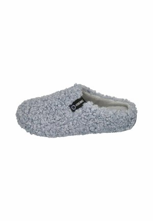 Grauer flauschiger Hausschuh mit einem Obermaterial aus strukturiertem Stoff, offenem Rücken und weichem Innenfutter. Mit einem Logopatch an der Seite.