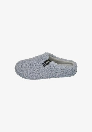 Gray fuzzy slipper with a textured fabric upper, open back, and soft lining. Features a logo patch on the side.