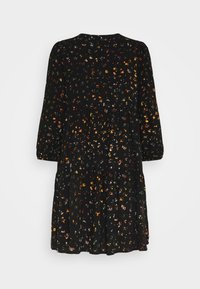 Robe noire à manches longues, coupe ample, avec un petit motif floral multicolore et une jupe à volants.