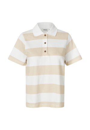 Beige and white striped polo shirt with a collared neck, three-button placket, and short sleeves. Fabric has a textured weave.