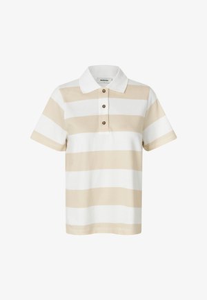 Beige und weiß gestreiftes Poloshirt mit Kragen, drei-Knopf-Leiste und kurzen Ärmeln. Der Stoff hat eine strukturierte Webart.