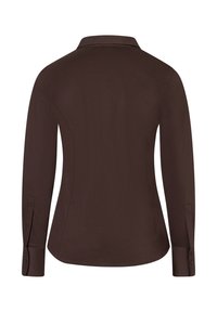 Bruine shirt met lange mouwen en een kraag, getailleerde pasvorm, knopen op de mouwen en een glad, gestructureerd materiaal. De achterzijde toont de ontwerp lijnen.