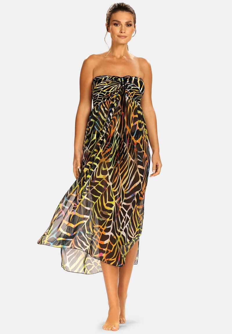 Maxi sukienka bez ramiączek z żywym, wielokolorowym nadrukiem zwierzęcym, z marszczonym stanikiem i lekkim, zwiewnym materiałem.