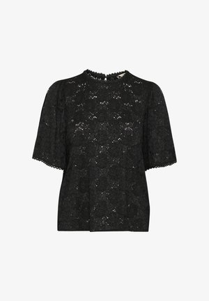 Czarna koronkowa bluzka z krótkimi rękawami, okrągłym dekoltem, falbaniastymi brzegami i kwiecistym wzorem. Teksturowana tkanina o luźnym kroju i delikatnych detalach.