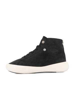 Black suede high-top sneakers with a textured white rubber sole, featuring round metal eyelets and a circular logo patch on the side.