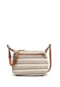 Mönstrad crossbody-väska i beige tyg med zigzag-mönster i brunt och svart. Justerbar läderrem i brunt och ovansidig dragkedjestängning.
