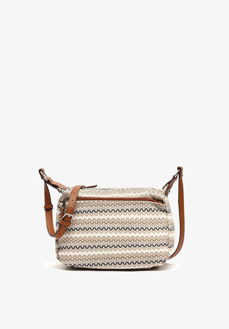 Vzorec crossbody torba z bež tkanino in zigzag obliko v rjavi in črni barvi. Rjav nastavljiv usnjen trak in zadrga na vrhu.