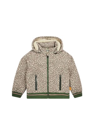 Child's hooded jacket with beige and brown leopard print, green ribbed cuffs and hem, and front zip pockets, lined with cream fleece.