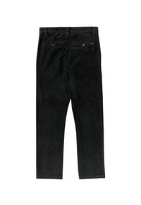 Black corduroy trousers with a straight leg design, featuring two back pockets with button closures and a textured fabric finish.
