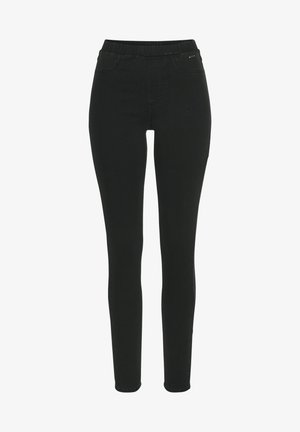 Schwarze Slim-Fit-Jeans aus Denim mit einem elastischen Bund, zwei Vorderaschen und einer glatten Textur ohne Muster oder Verzierungen.