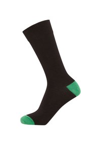 Black sock with a solid green heel and toe. Features ribbed cuff and smooth texture. Ankle-length design suitable for casual wear.