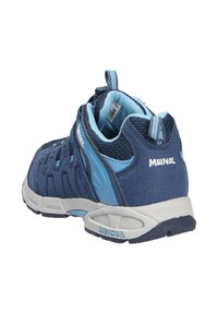 Scarpa sportiva blu navy e azzurra con pannelli in rete e suede, con linguette per la presa e una spessa suola bianca, mostrata da dietro e da un angolo laterale.