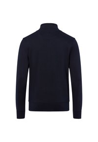 Dunkelblauer Langarm-Sweatshirt mit hohem geripptem Kragen, gerippten Bündchen und geripptem Saum, von hinten auf einem weißen Hintergrund gezeigt.
