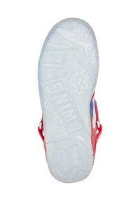 Suola di scarpa in gomma traslucida bianca con accenti rossi. La superficie testurizzata presenta motivi geometrici. Clip laterali per un supporto aggiuntivo.