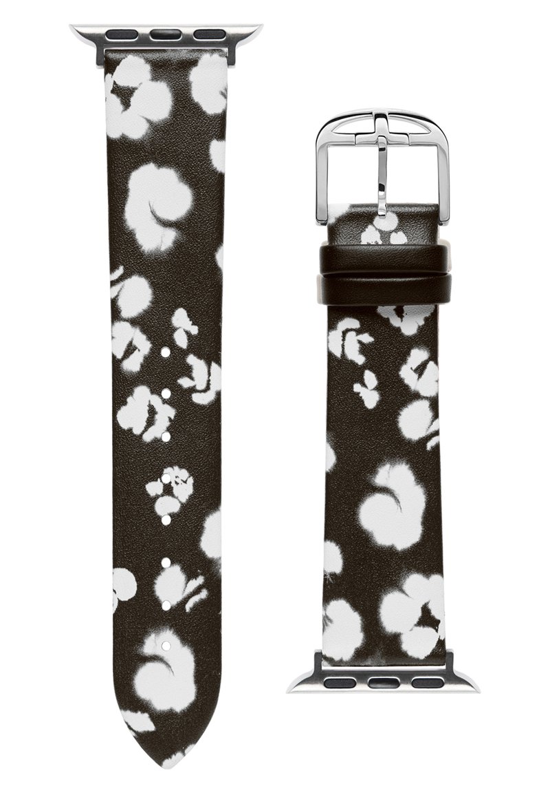 Correa de reloj de cuero con base marrón y patrón floral blanco. Cuenta con herrajes plateados, múltiples agujeros para ajustar el tamaño y una punta afilada.