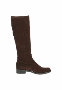 Bota de ante marrón hasta la rodilla con una punta elegante y ligeramente afilada, y un tacón negro bajo. Presenta costuras suaves y un caño ajustado.