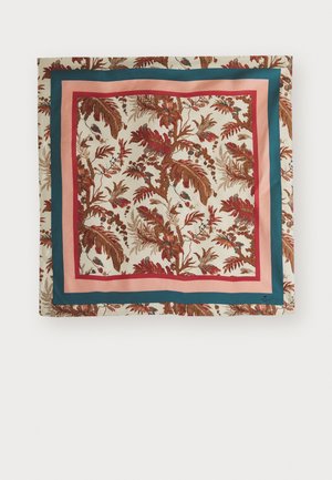 Seidenschal mit floralem Muster in Rot und Braun, umrandet von Blau, Rosa und tiefem Rot. Weiche Textur, quadratische Form, aufwendiges Design.