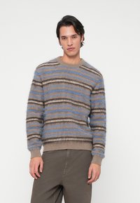 Young man wearing a fuzzy brown, blue, and beige striped sweater and brown pants, standing against a plain white background.
