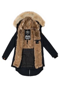 Black parka coat with a faux fur-lined hood, brown furry inner lining, and patterned black quilted section. Features a tag with logo.