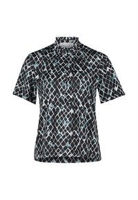 Korte mouwen blouse in zwart-wit geometrisch patroon, met een hoge halslijn en zachte stof met een lichte glans.