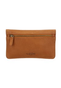 Brown leather wallet with a front zipper pocket and Gusti Leder Studio logo embossed on the lower center.