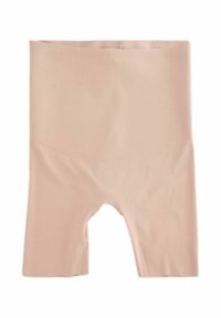 Beige hoge taille shorts van rekbare stof, met een gladde textuur en een elastische tailleband, voorzien van een uitsparing aan de onderkant.