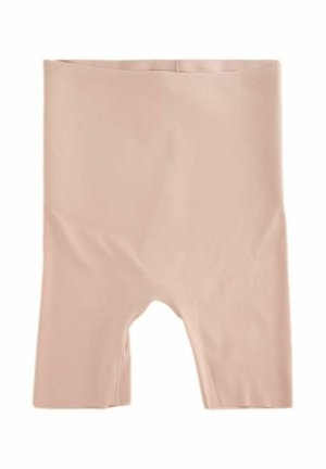 Shorts taille haute beiges en tissu extensible, avec une texture lisse et une taille élastique, et une découpe en bas.