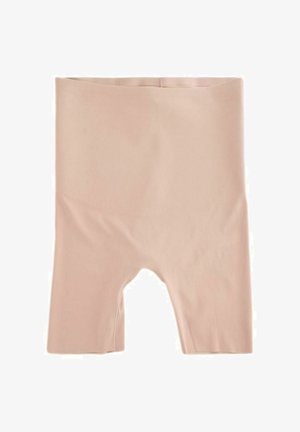 Shorts taille haute beiges en tissu extensible, avec une texture lisse et une taille élastique, et une découpe en bas.