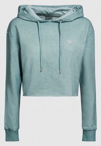 Felpa cropped azzurro chiaro con cappuccio regolabile, polsini a coste e un piccolo logo sul petto. Tessuto morbido con una finitura sbiadita.