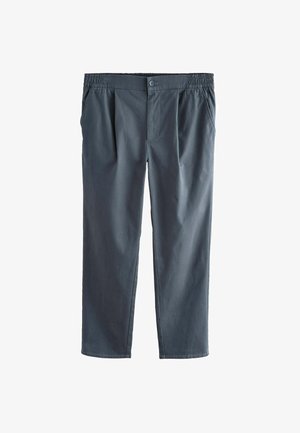 Sötétszürke, pamut keverékből készült nadrág, rugalmas derékpánttal, két elülső zsebbel és sima textúrával, enyhe gyűrődéssel.