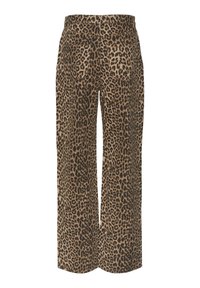 Pantalon à jambes larges à imprimé léopard marron et noir, avec poches arrière et ceinture.