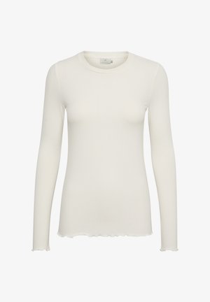 Valkea pitkähihaisen ribbineuloksen pusero, jossa pyöreä pääntie sekä hieman rypytetyt reunat helmassa ja hihansuissa.