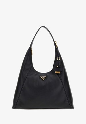 Sac en cuir noir avec une finition texturée, arborant un logo triangulaire doré, une fermeture zippée sur le dessus et une étiquette mini attachée.