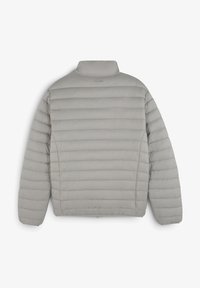 Gray puffer jacket with horizontal stitching and a high collar. Features a smooth texture and a minimalist design. No visible fasteners or accents.