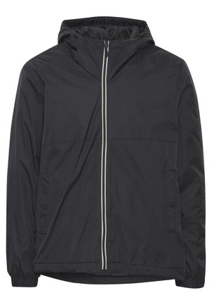 Crna vjetrovka s kapuljačom, s prednjim zatvaračem, dva bočna džepa i elastičnim manžetama. Glatka tekstura s jednostavnim dizajnom.