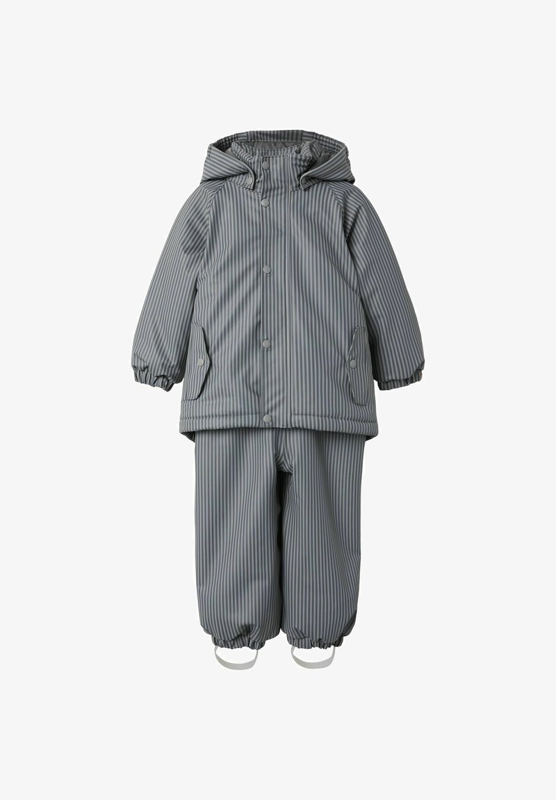 Conjunto de lluvia a prueba de agua de dos piezas en gris para niños, con rayas verticales, puños elásticos, capucha, botones a presión y correas ajustables para los pies.