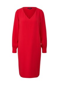 Vestido rojo con mangas largas, escote en V y puños fruncidos. Hecho de un tejido suave, presenta una silueta recta y un dobladillo de longitud media.