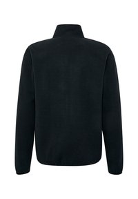 Czarny polarowy sweter z wysokim kołnierzem, długimi rękawami i gładką fakturą, charakteryzujący się prostym, jednolitym wzorem.
