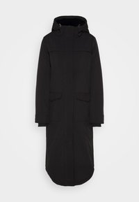 Manteau long noir avec capuche, fermeture éclair frontale, deux grandes poches avant et coupe droite avec ourlet arrondi. Texture de tissu lisse.