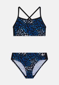 Bikini komplet v modro-črnem leopardjem vzorcu, ki vključuje racerback zgornji del in ujemajoče se spodnji del, izdelan iz gladkega, raztegljivega materiala.