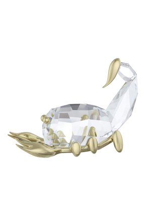 Crystal scorpion sculpture, clear facets, gold metal accents, elongated tail, and detailed claws, showcasing a mix of transparent and metallic elements.