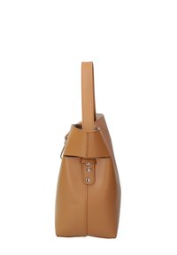 Borsa a tracolla in pelle color tan con una texture liscia, forma affusolata e un manico singolo superiore. Presenta un dettaglio con fibbia vicino all'apertura.